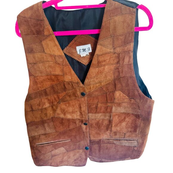 J.M.T. 70s Vintage Brown Leather Vest Jacket Suede Patchwork Western Boho Hippy - Picture 2 of 8